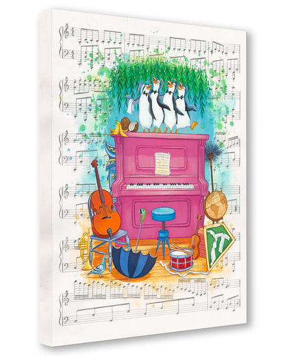 Colorful illustration of penguins on a pink piano with musical notes and instruments.