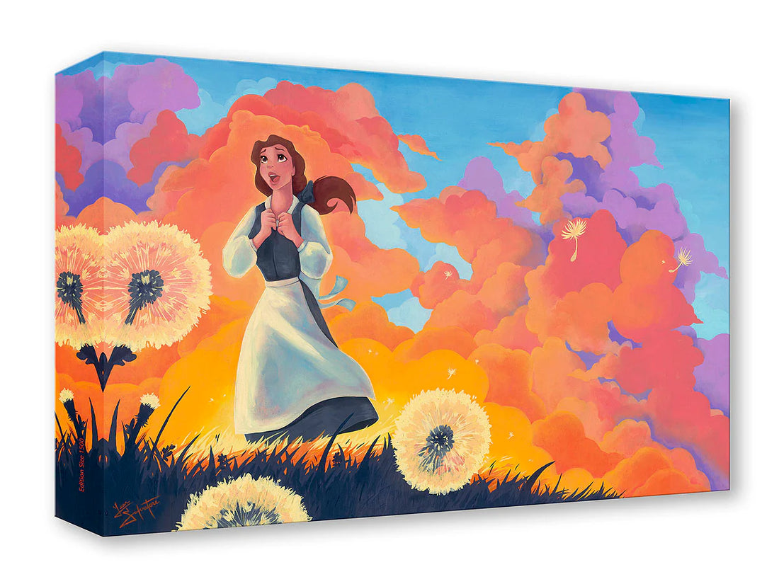 Canvas print of a woman in a field with colorful dandelions