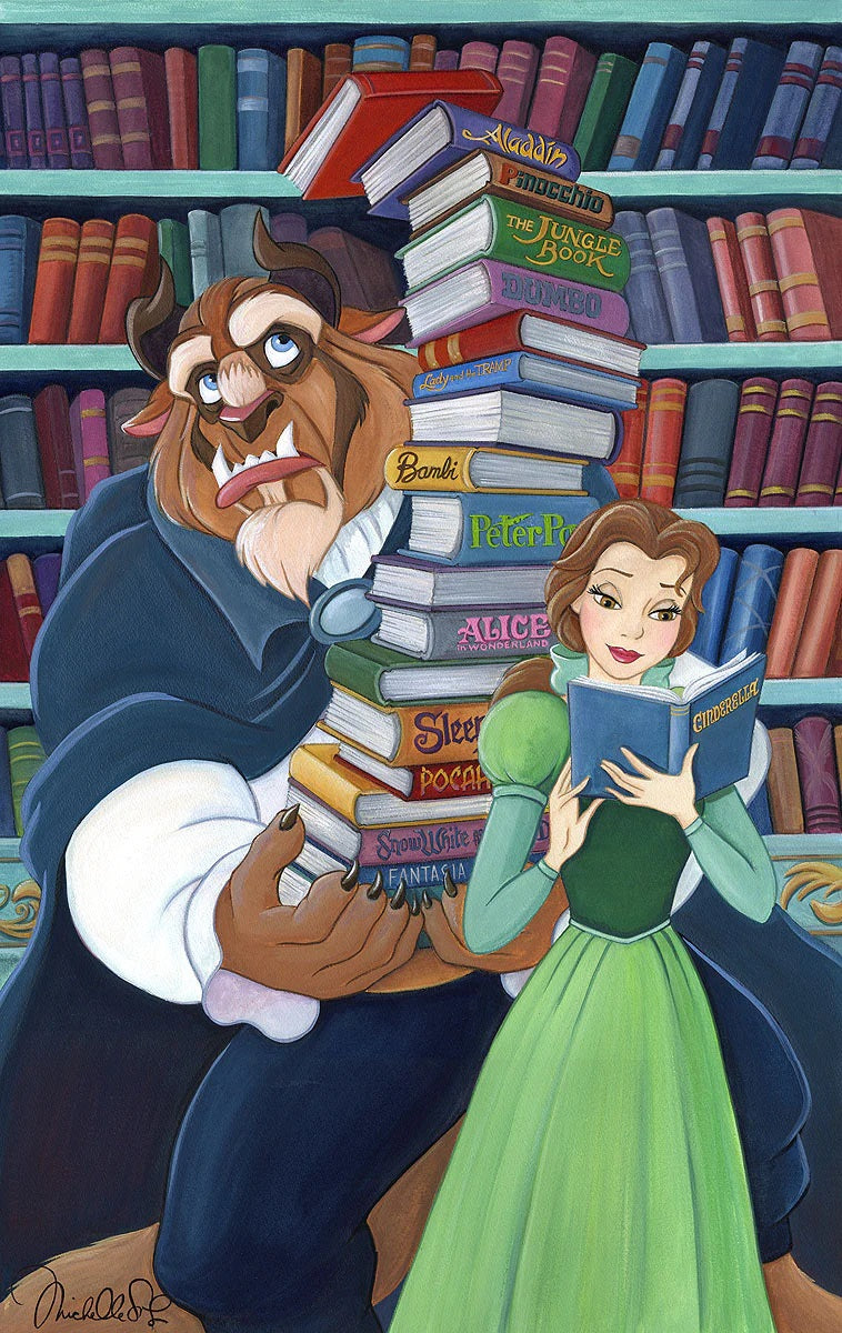 The Beast helping Belle carry a stack to books