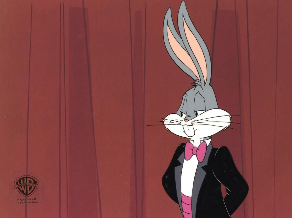 Bugs Bunny wearing a red bow in a black tuxedo