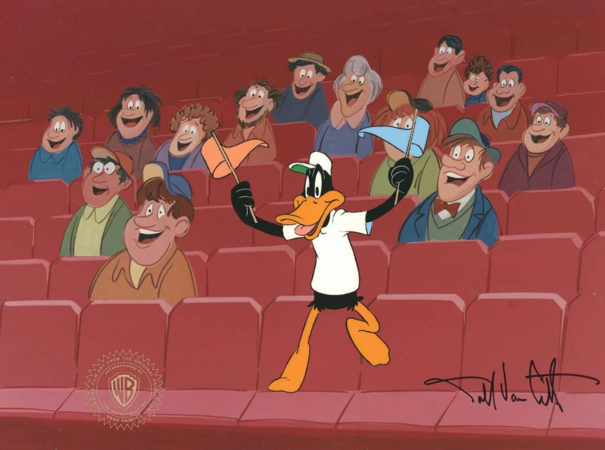 Duffy Duck cheering with the crowd at the theater.