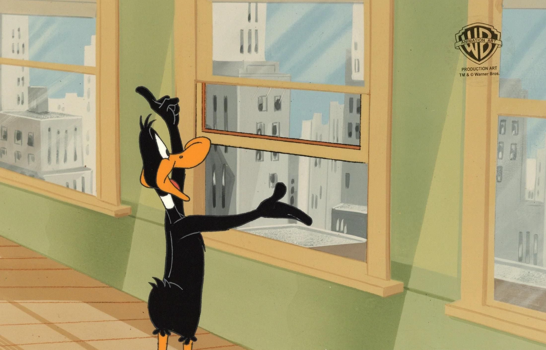 Daffy Duck singing in front of an open window