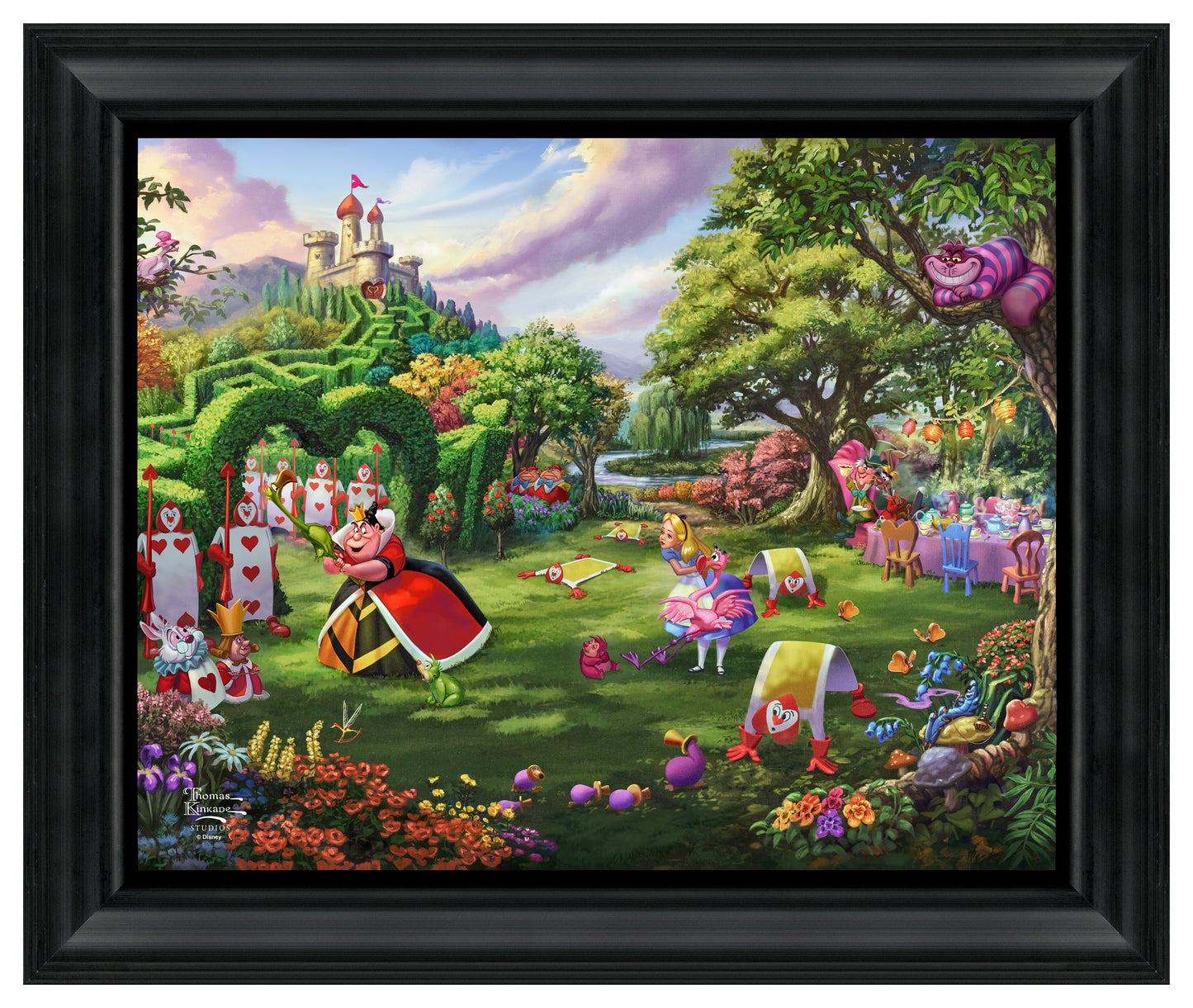 The Queen of Hearts is playing croquet with flamingo mallets and hedgehog balls, while the White Rabbit and Alice look on.