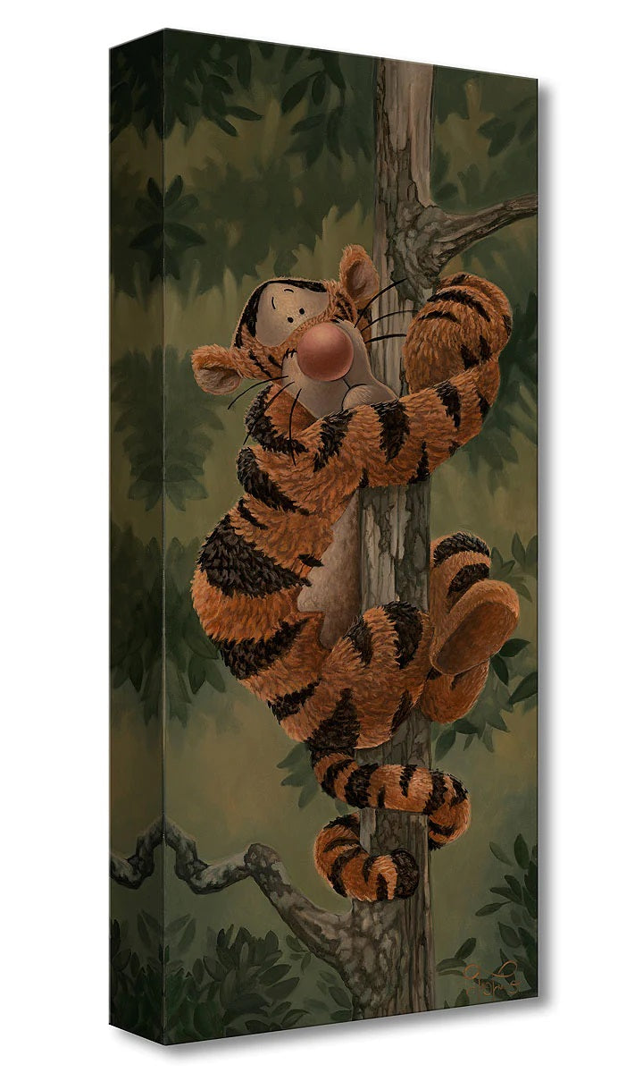 Features Tigger hanging on to a tree truck. Gallery Wrapped Canvas