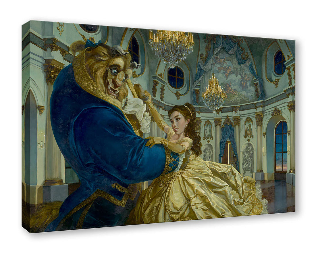 Canvas print of a scene with a lion and a woman in an ornate room.