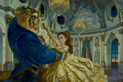 Animated scene of a Beast and Belle in an ornate ballroom.