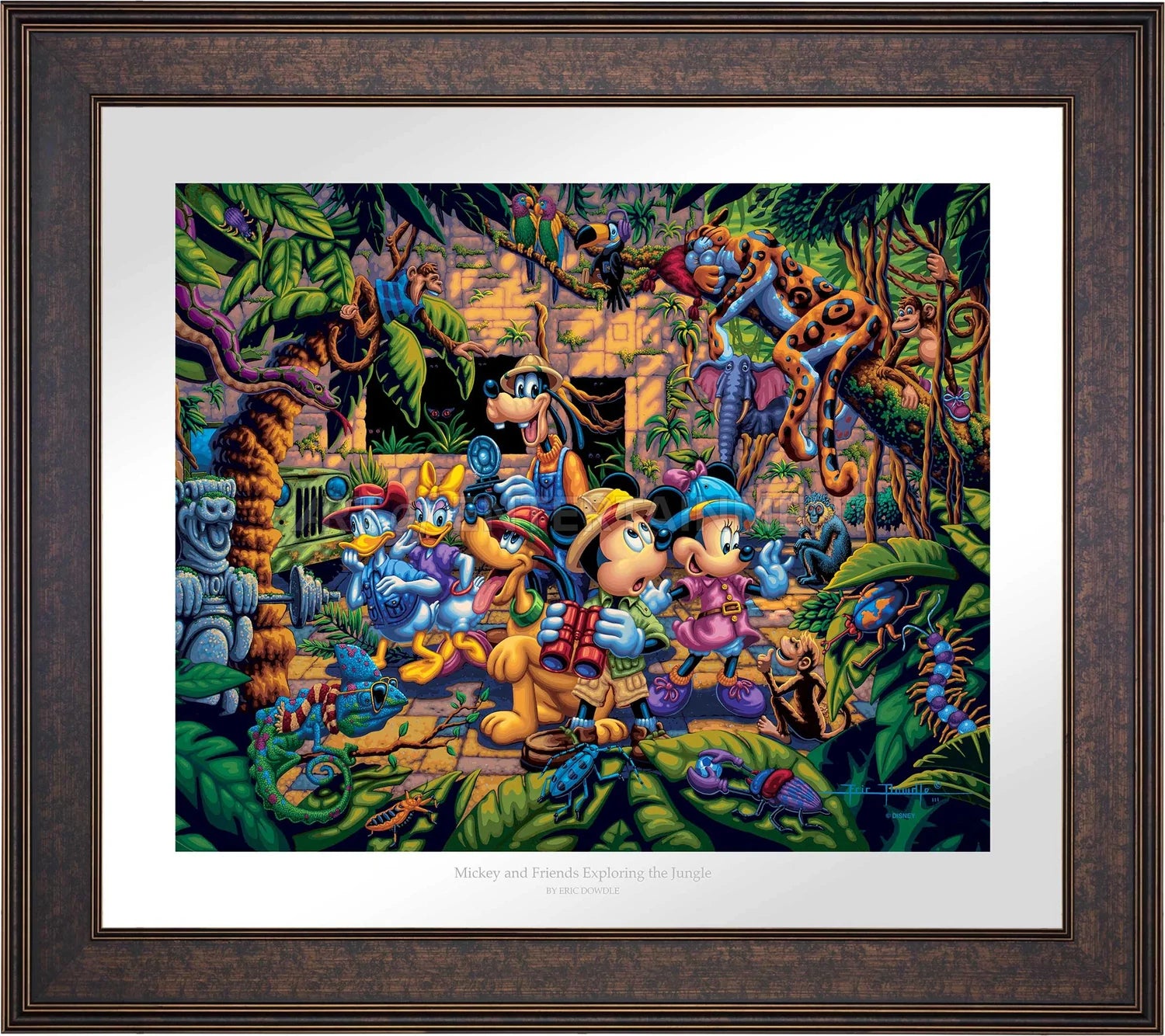 The lush jungle vegetation supports a variety of creatures, great and small, including a chameleon, various insects, a snake, birds, monkeys, and even a leopard and an elephant. Mickey and friends find themselves in the center of it all