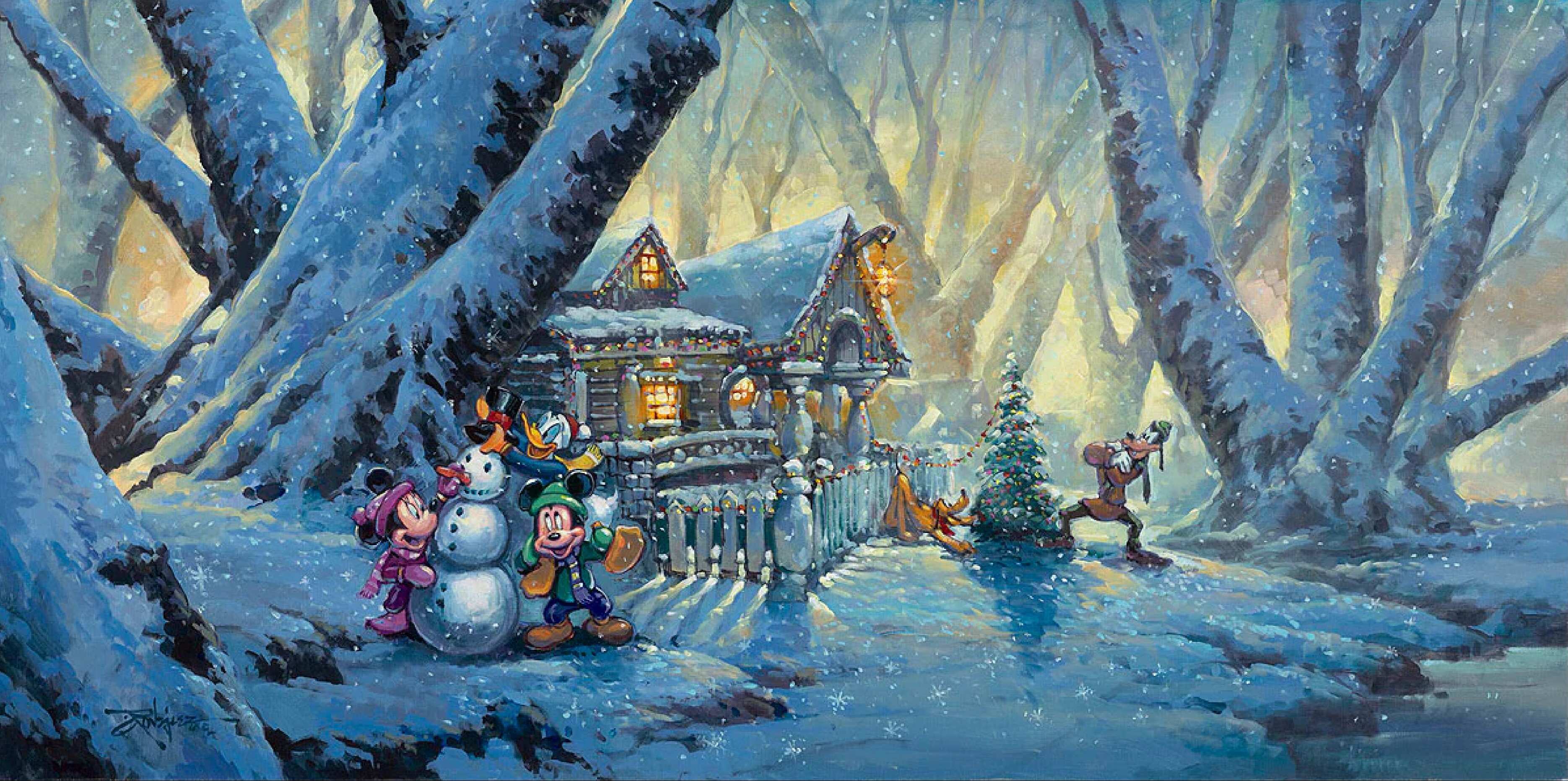 Mickey, Minnie, Goofy, and Donald as they come together outside a cozy cabin to build a snowman
