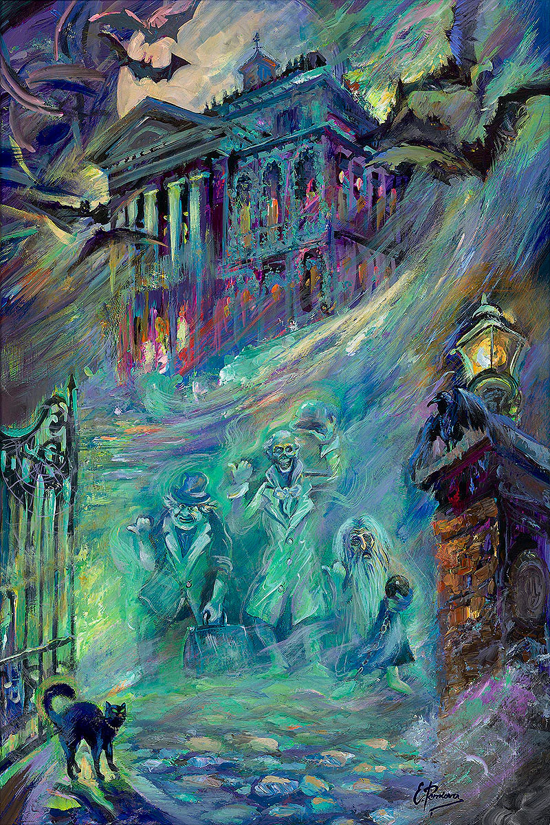 Colorful painting of a haunted house with ghosts and a cat on a street at night.