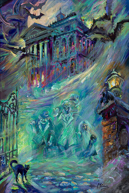 Colorful painting of a haunted house with ghosts and a cat on a street at night.