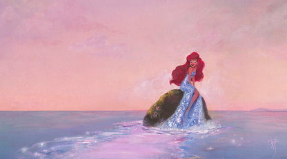 Ariel sits upon a rock, wearing a shimmering silver gem gown.