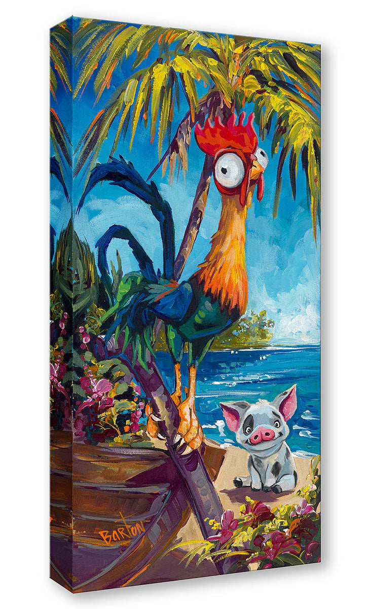 Canvas print with a colorful rooster and pig by a tropical beach scene.