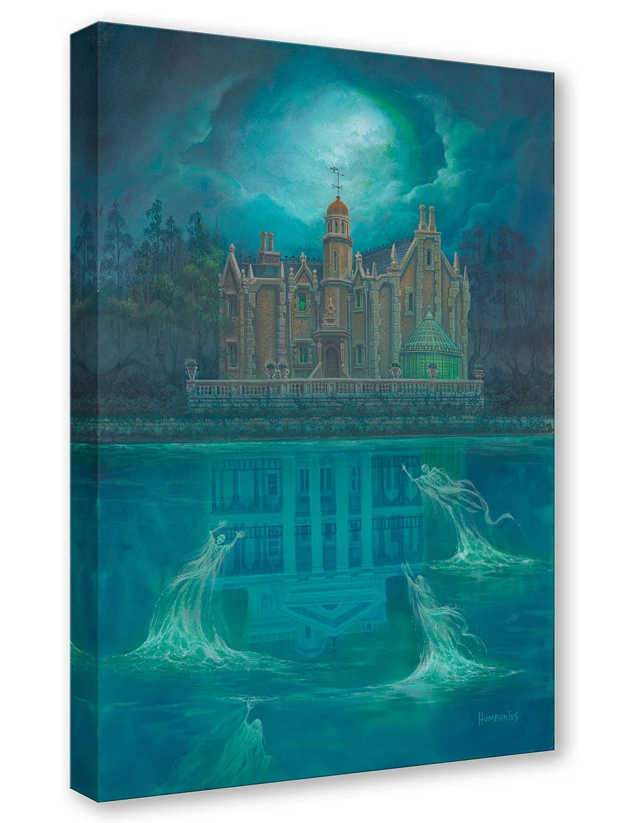 A vertical canvas wall art print depicting a gothic mansion reflected in a teal-blue body of water under a full moon, shown as a three-dimensional gallery-wrapped canvas against a white background.