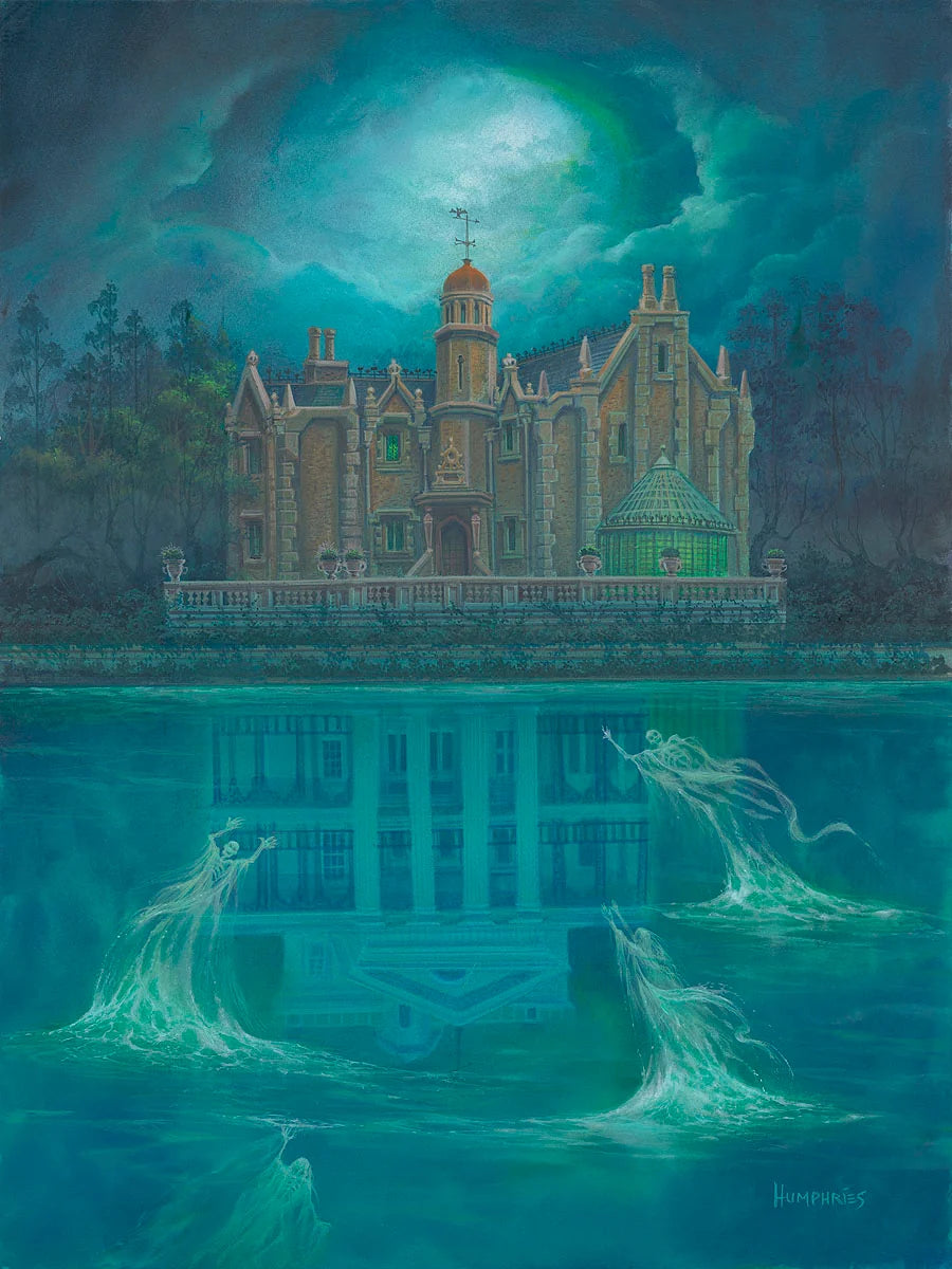 A fantasy-style painting of a large old mansion reflected in a turquoise lake at night, with glowing moonlight, dramatic clouds, and ghostly figures rising from the water.