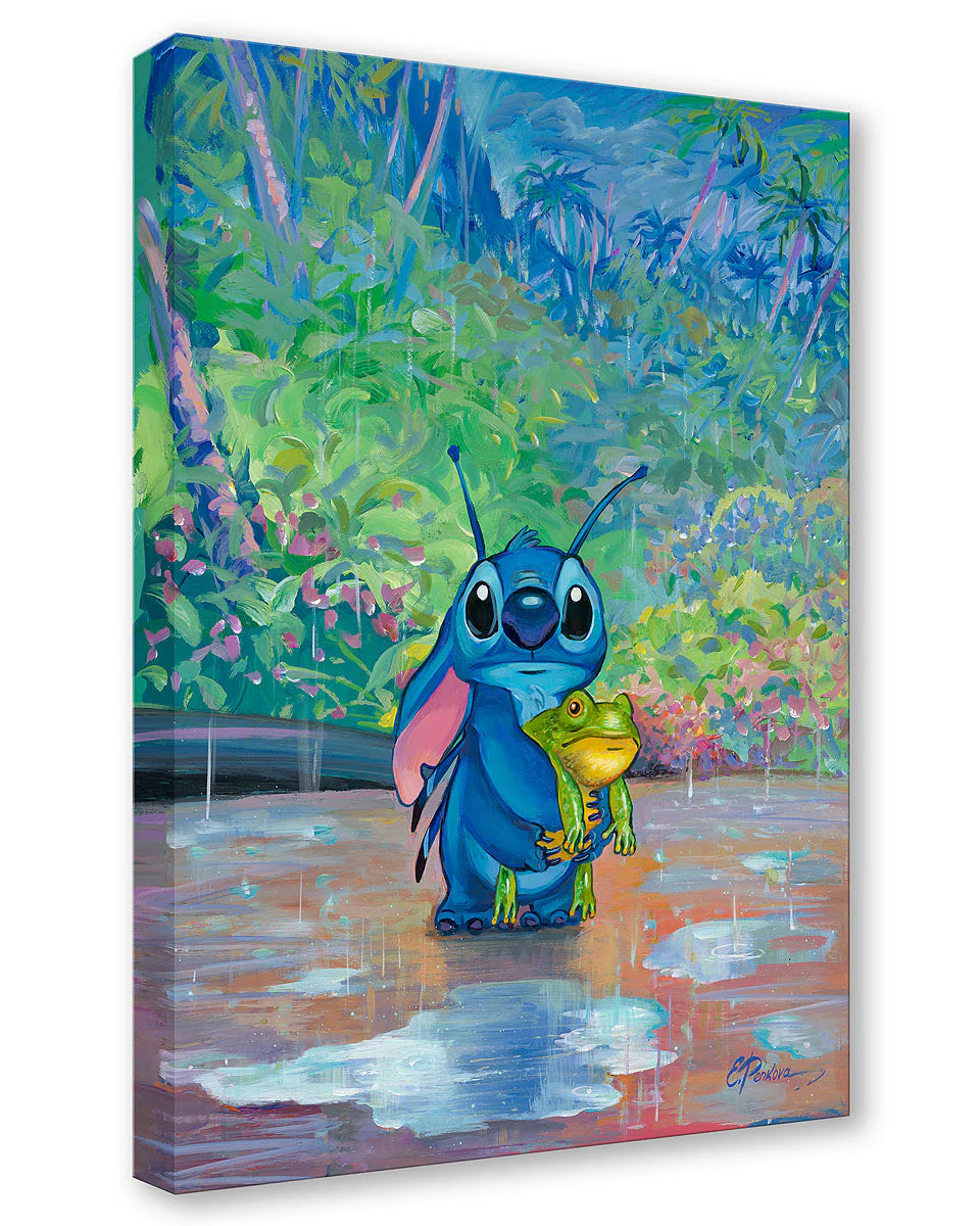 Canvas print of a cartoon character holding a frog in a tropical setting