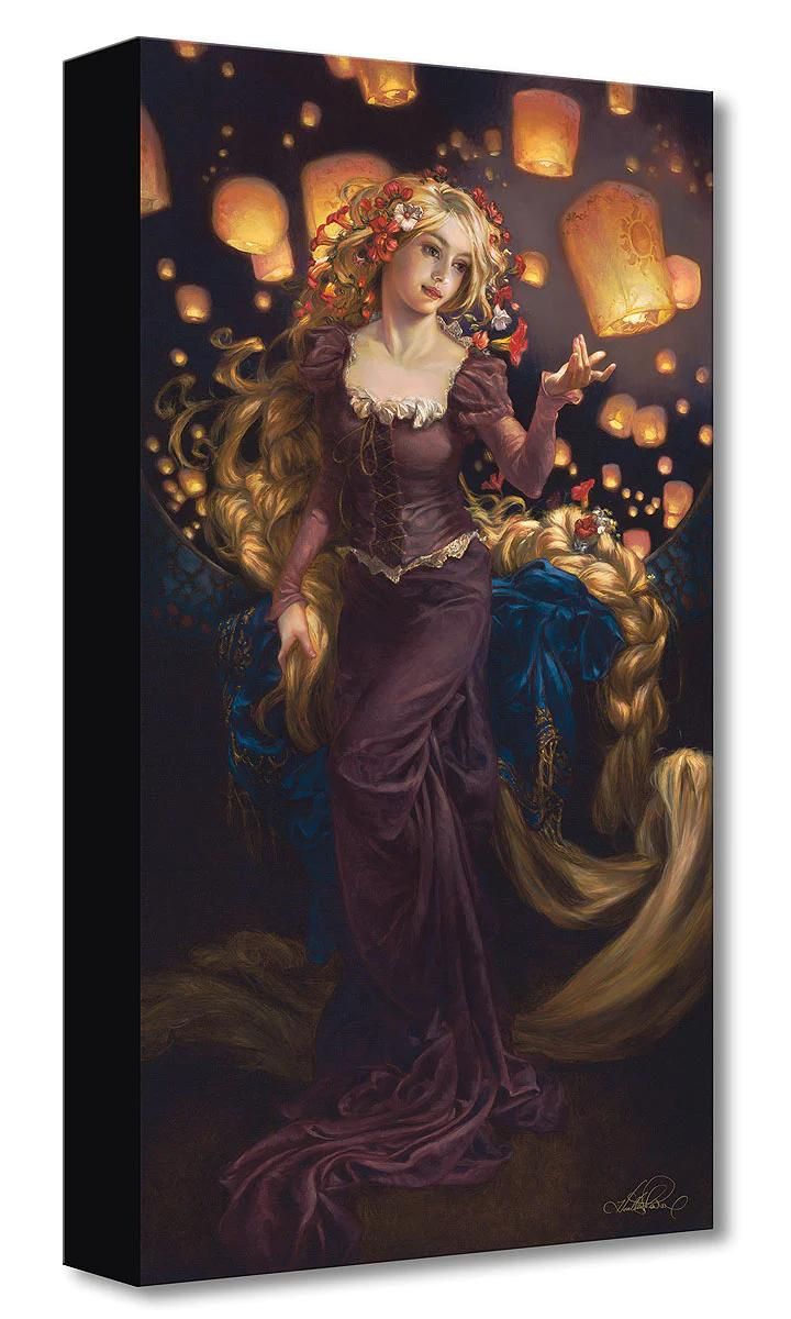 Rapunzel is surrounded by floating lanterns, in honor of her birthday. - Gallery Wrapped Canvas