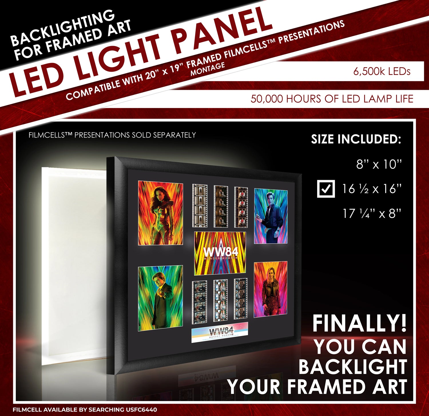 LED light panel for backlighting framed art with product details and compatibility information.