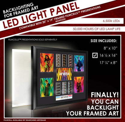LED light panel for backlighting framed art with product details and compatibility information.