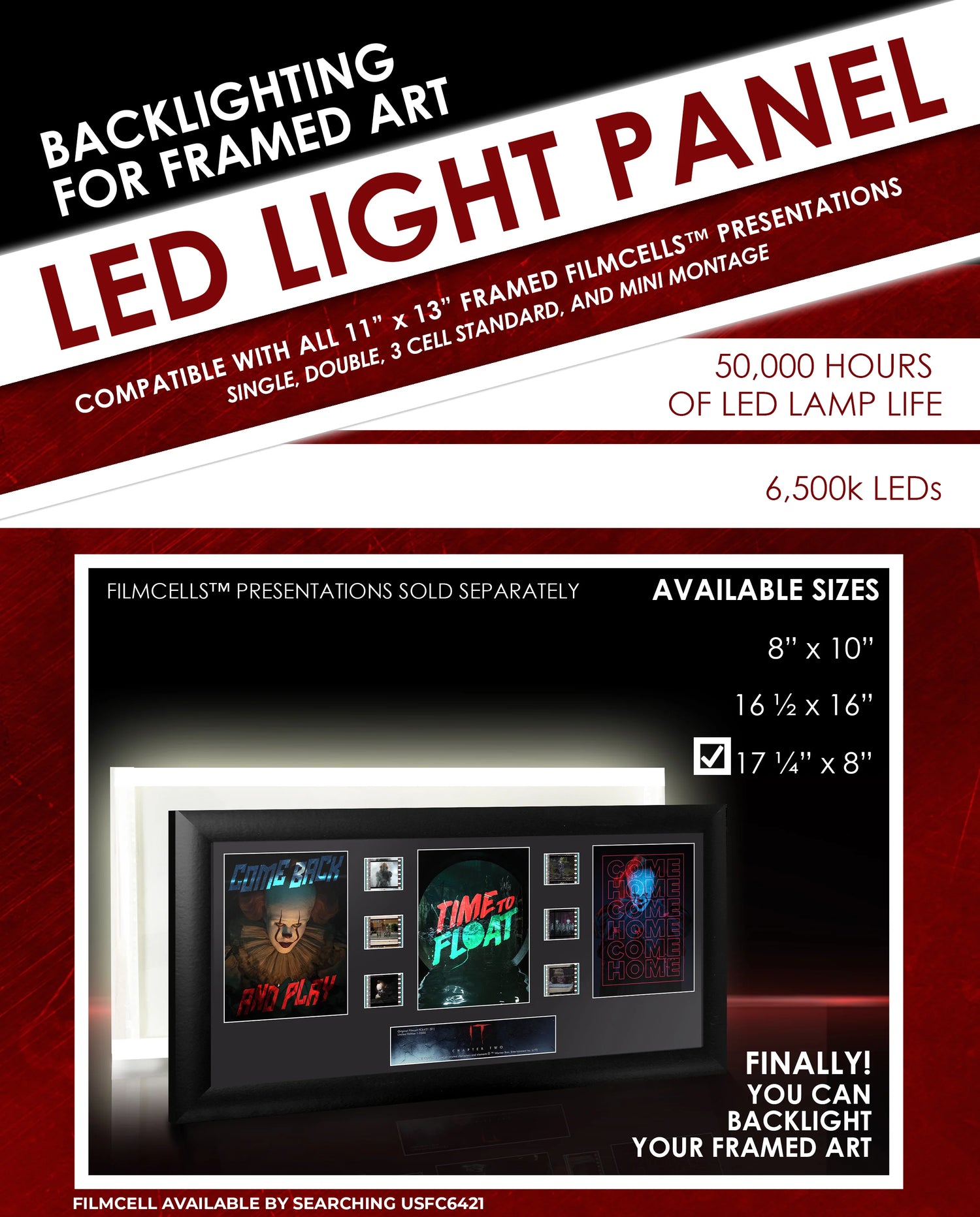 Advertisement for LED light panel for framed art with compatibility details and size options.