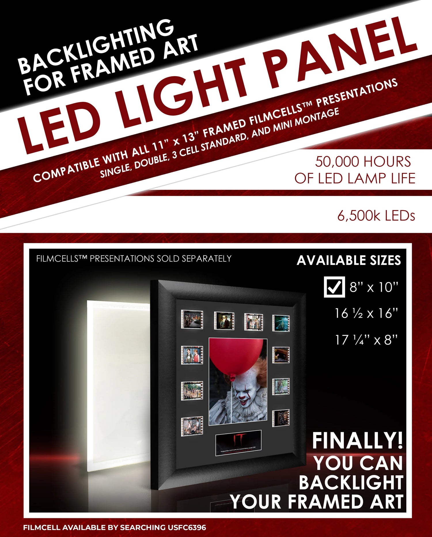 Advertisement for LED light panel for backlighting framed art with product details and compatibility information.