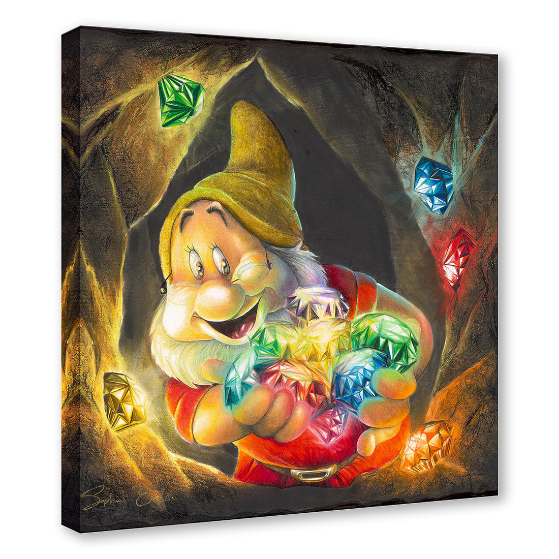 Canvas print - Bashful holding colorful gems in a cave setting