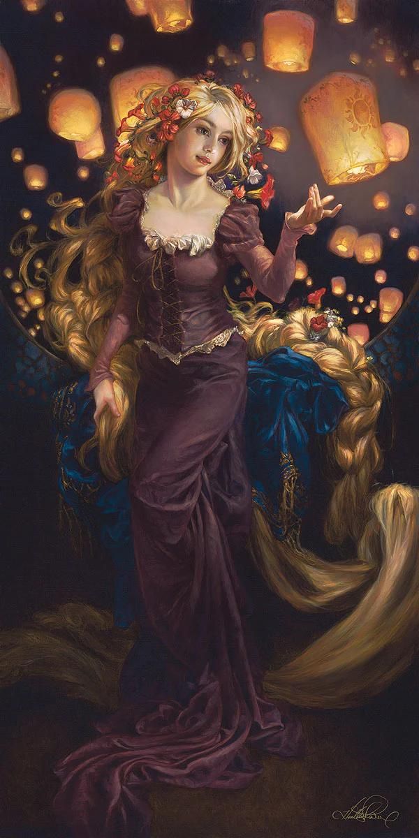Rapunzel is surrounded by floating lanterns, in honor of her birthday. Canvas