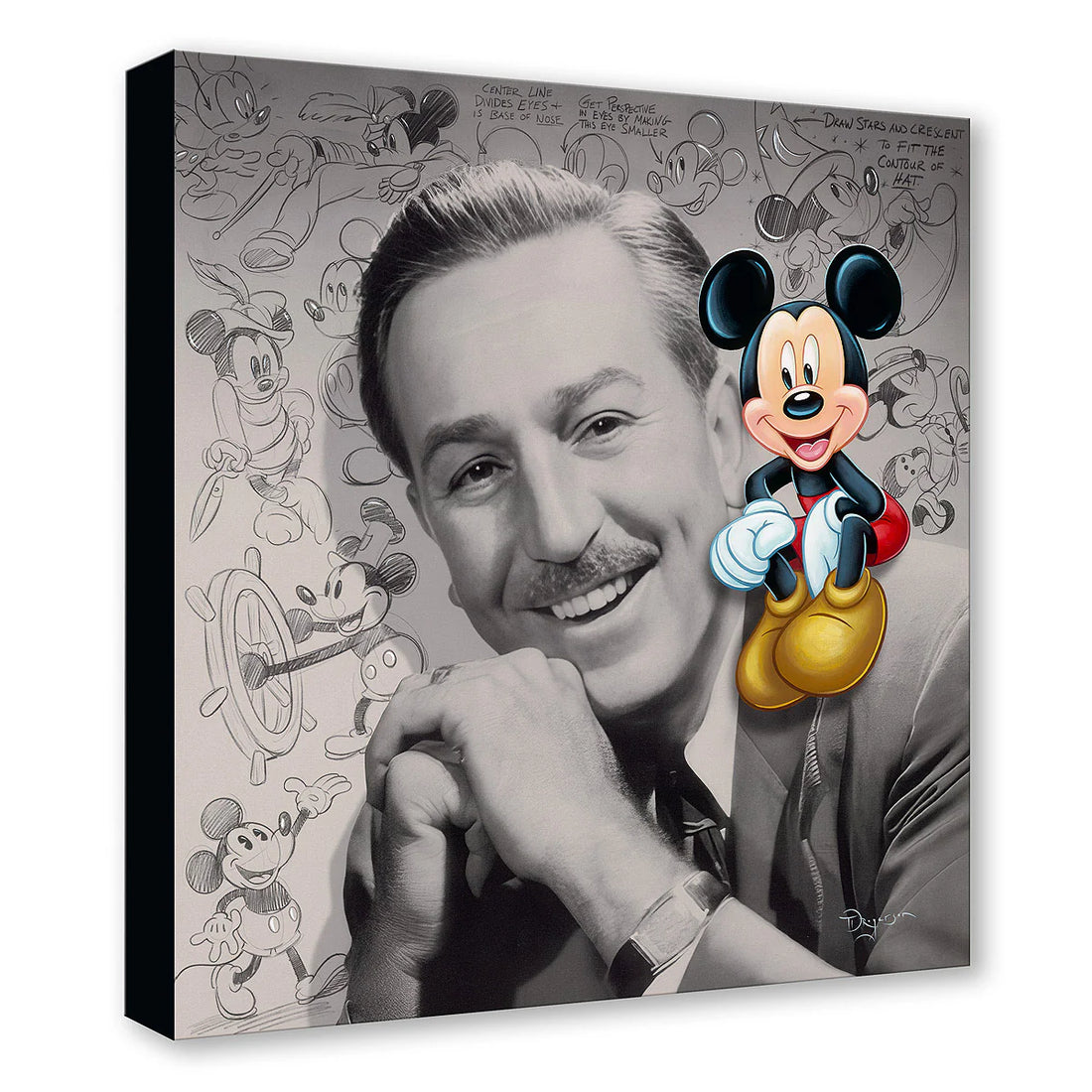 Canvas print featuring a black and white portrait of a famous figure with a cartoon character and Mickey Mouse illustrations.
