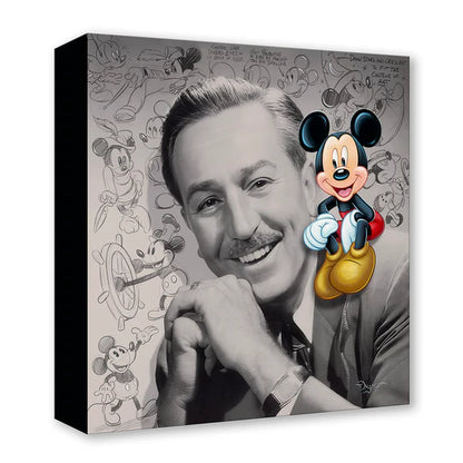 Canvas print with a portrait of a famous figure and an illustration of a character, surrounded by related drawings.