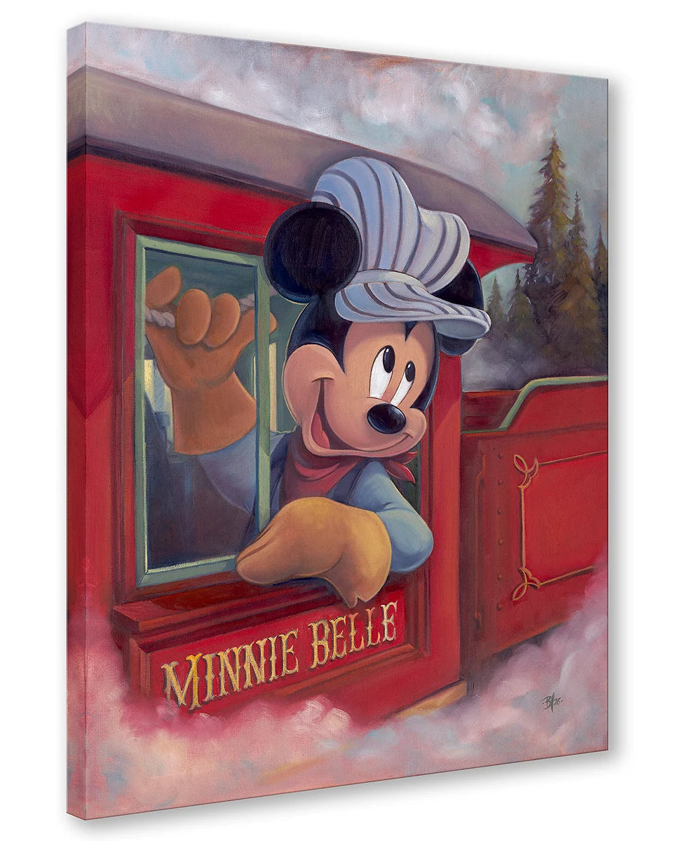 Mickey Mouse is leaning out of a red train car, with the words "MINNIE BELLE" visible on the front. Photographed at a slight angle against a white background.