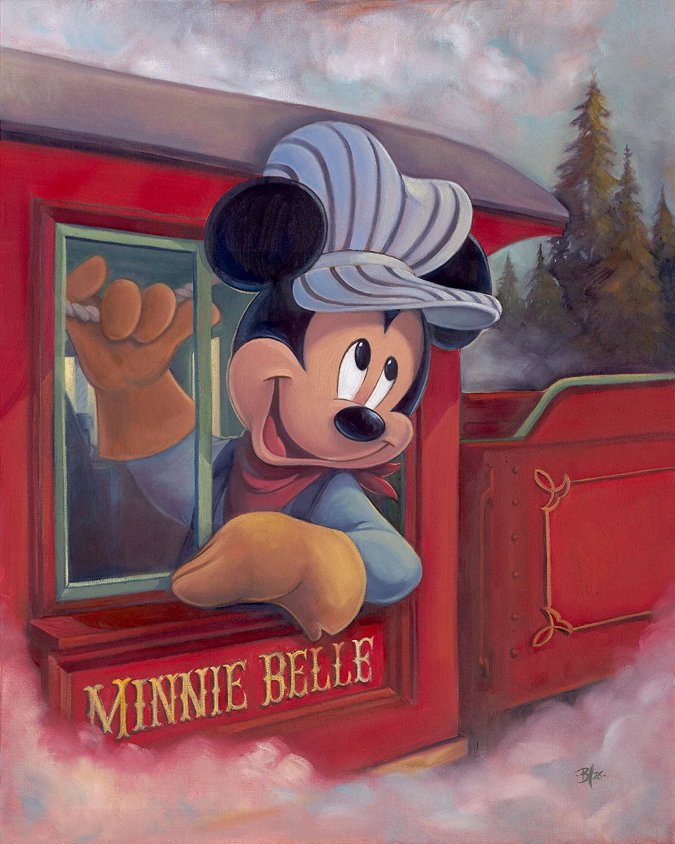 Mickey Mouse is leaning out of a red train car, with the words "MINNIE BELLE" visible on the front. Photographed at a slight angle against a white background.