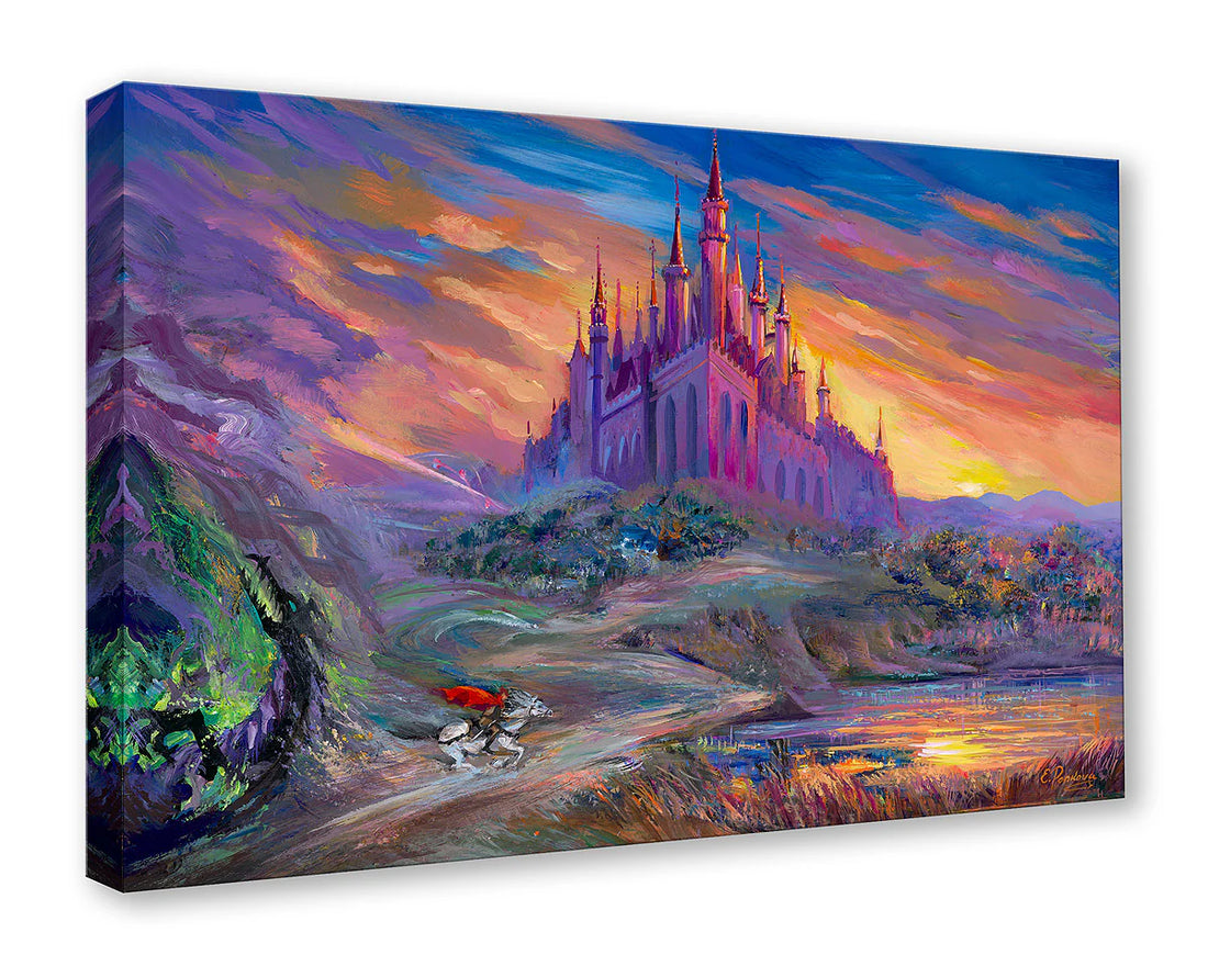 Fantasy landscape with a castle and a cyclist under a colorful sky.