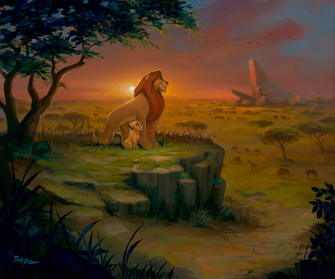 Savannah scene with a lion and cub at sunset, with a crashed airplane in the background.