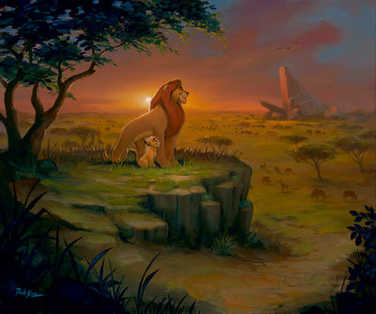 Savannah scene with a lion and cub at sunset, with a crashed airplane in the background.