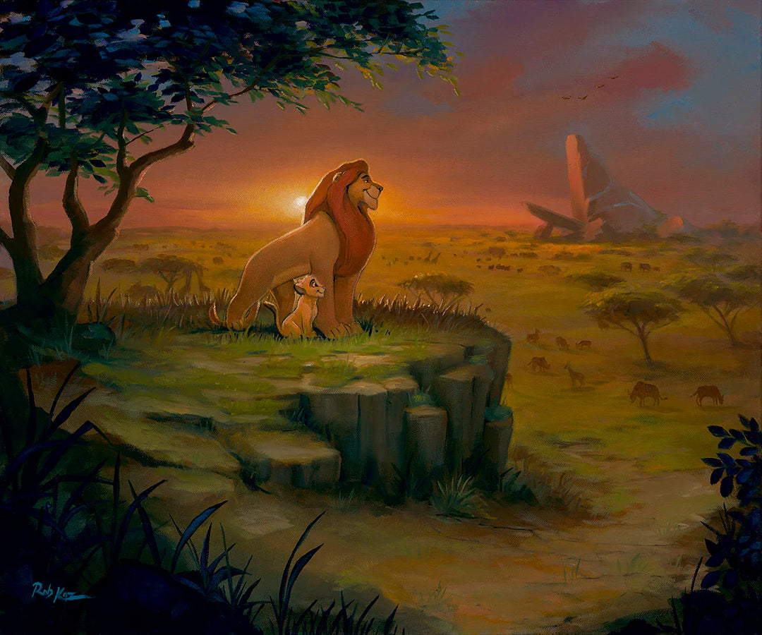 Savannah scene with a lion and cub at sunset, with a crashed airplane in the background.