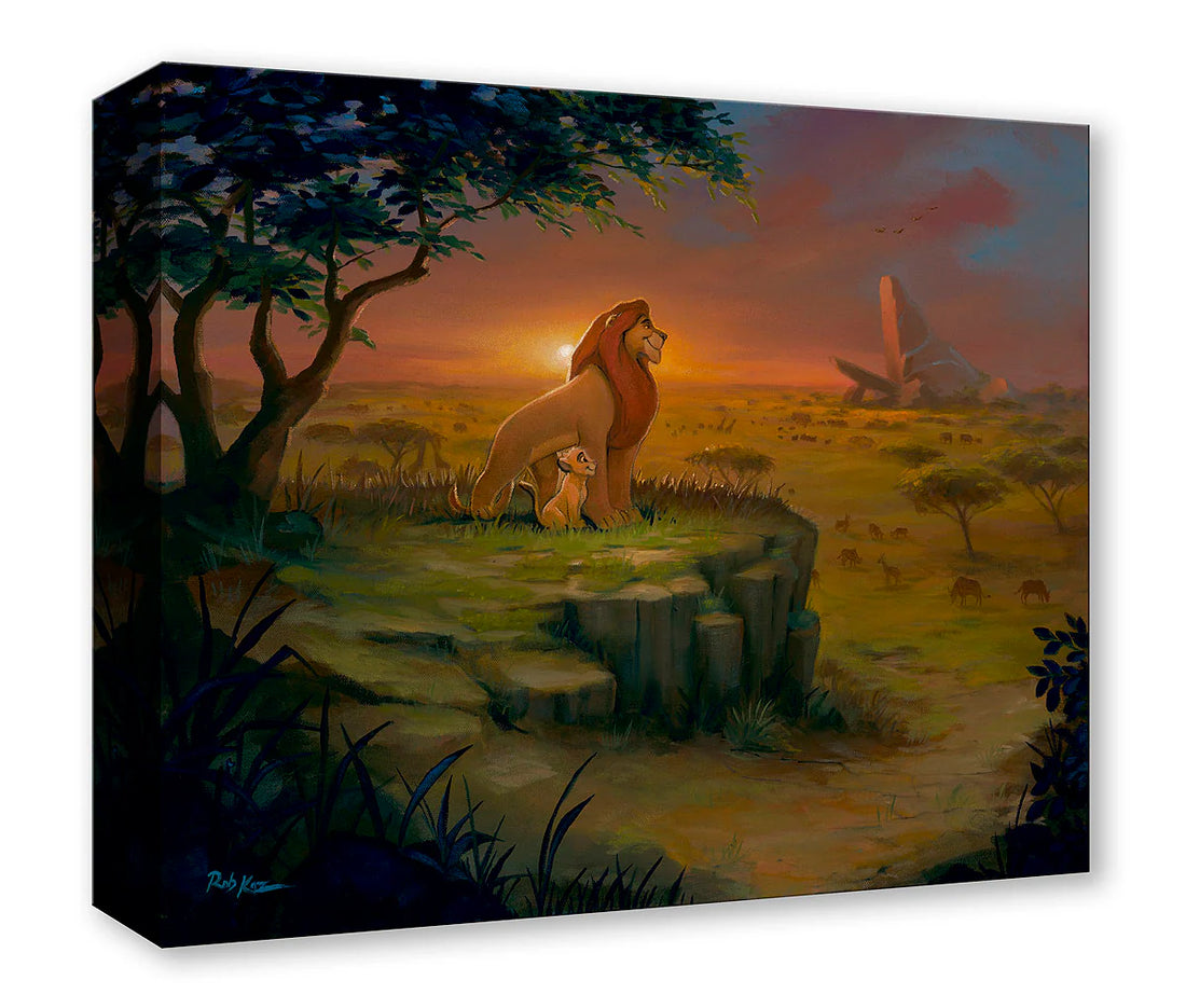 Canvas print of a lion and cub in an African savanna at sunset.