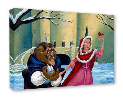 A square canvas wall art print featuring an illustrated winter scene with the Beast in a blue coat and a woman in a pink dress holding a red bird, shown at an angle against a white studio background.