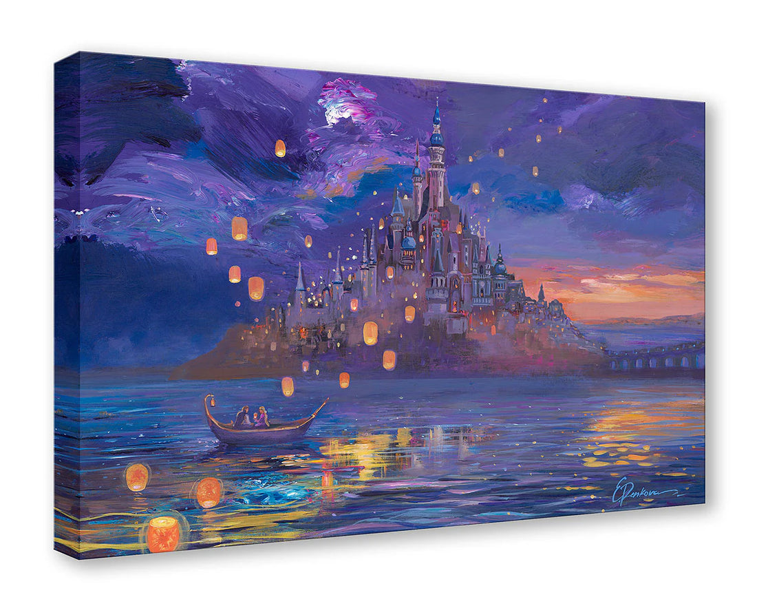 Fantasy castle at night with lanterns and a boat on water