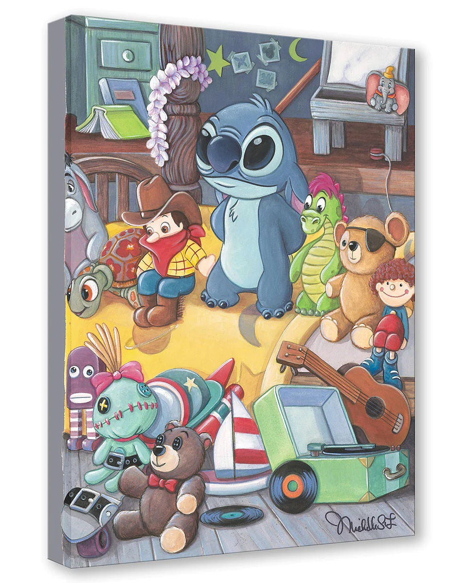 Stitch gathers his toys.