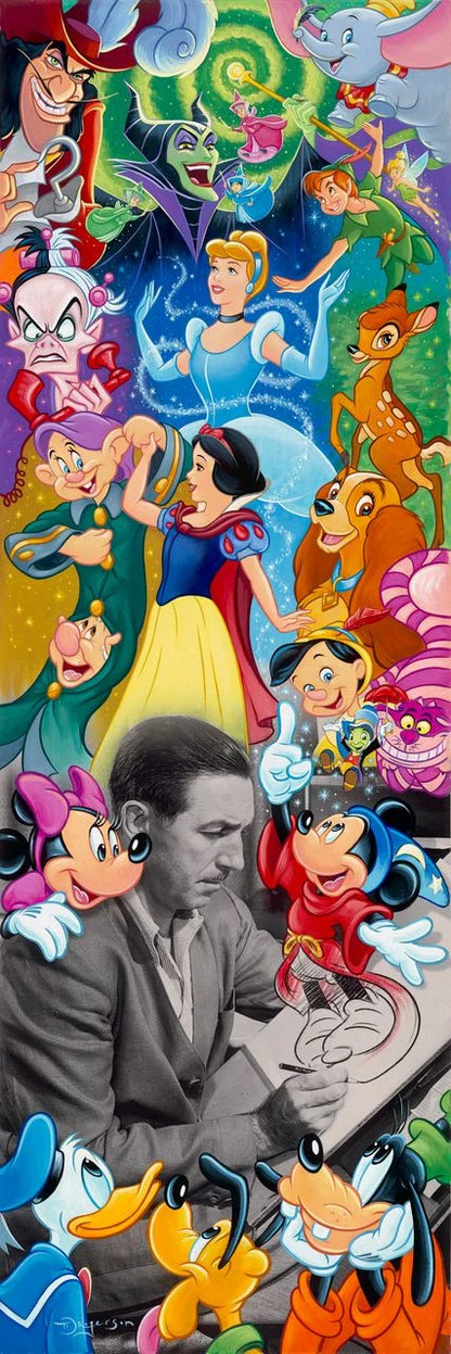 A colorful collage poster featuring numerous classic Disney characters surrounding a black-and-white portrait of Walt Disney, with Walt&