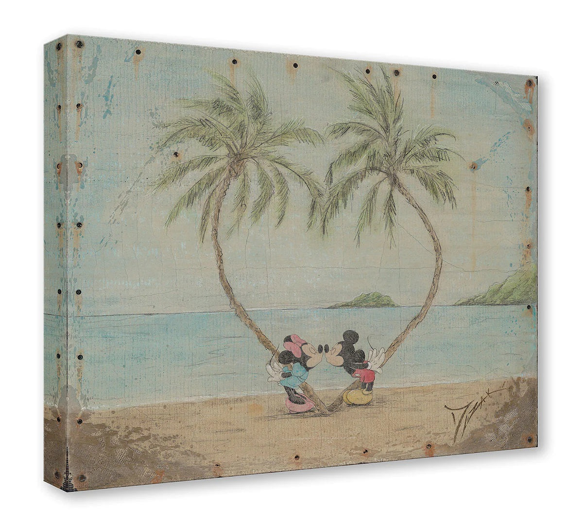 Mickey and Minnie share a kiss under the heart-shaped palm trees - Gallery Wrapped Canvas