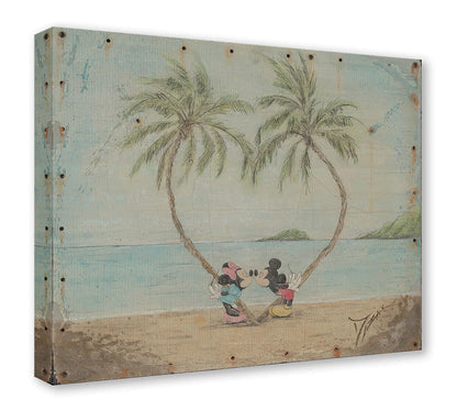 Mickey and Minnie share a kiss under the heart-shaped palm trees - Gallery Wrapped Canvas