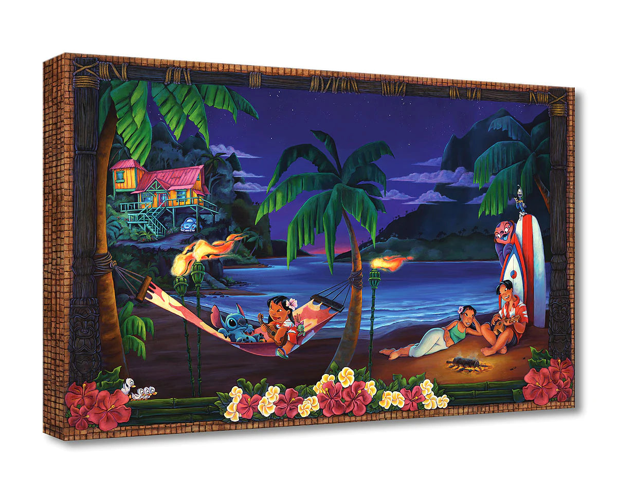 Lilo and Stitch share an evening with family out by the fire, playing the ukulele. Gallery Wrapped Canvas