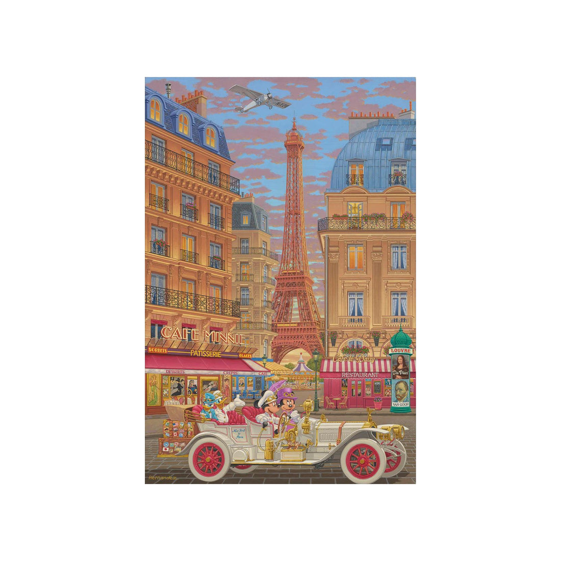 Mickey and Minnie drive around Paris.  Artwork inspired by Walt Disney Studios&