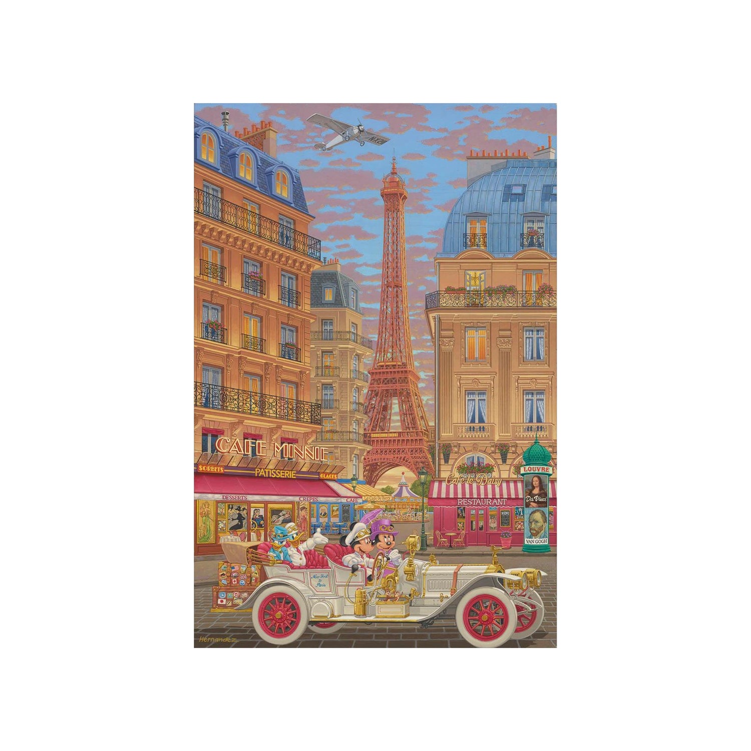 Mickey and Minnie drive around Paris.  Artwork inspired by Walt Disney Studios&