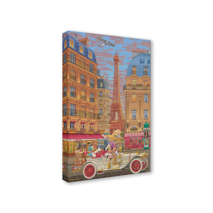 Mickey and Minnie drive around Paris.  Artwork inspired by Walt Disney Studios&