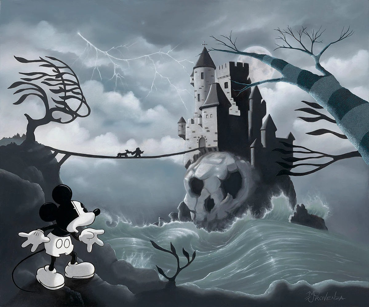 Mickey is frighten by the scary skull castle 