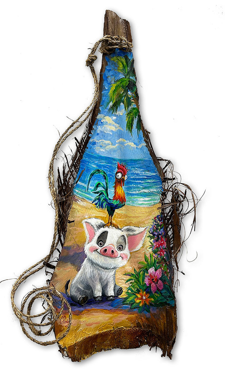 Decorative bottle with a painted design of a pig, rooster, and landscape.