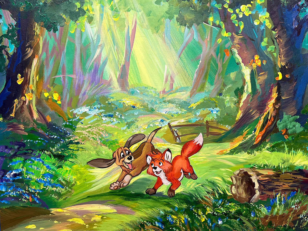 Two animated animals running through a forest with sunlight filtering through the trees.