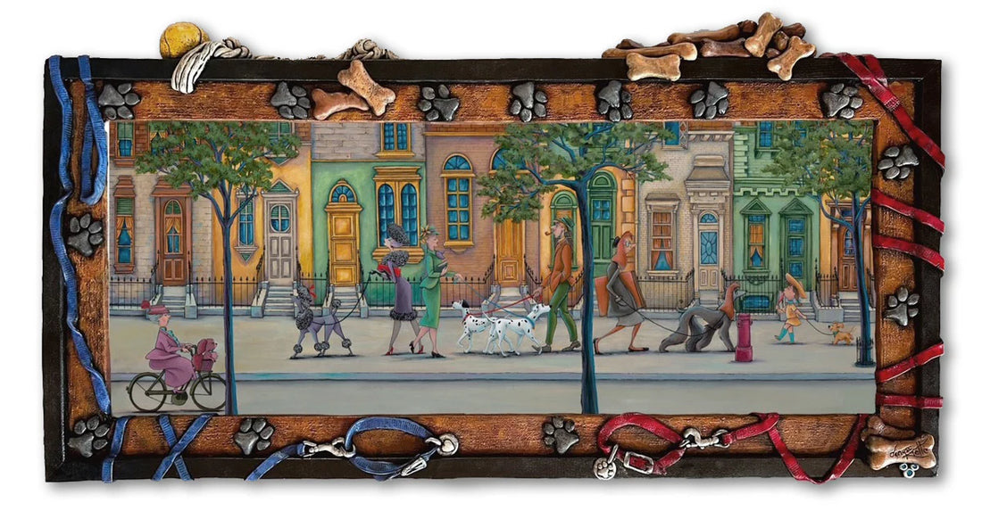 Pongo and Perdita, the iconic Dalmatian duo, as they enjoy a stroll with their owners, Roger and Anita. Framed in a stylish Bone and paw prints