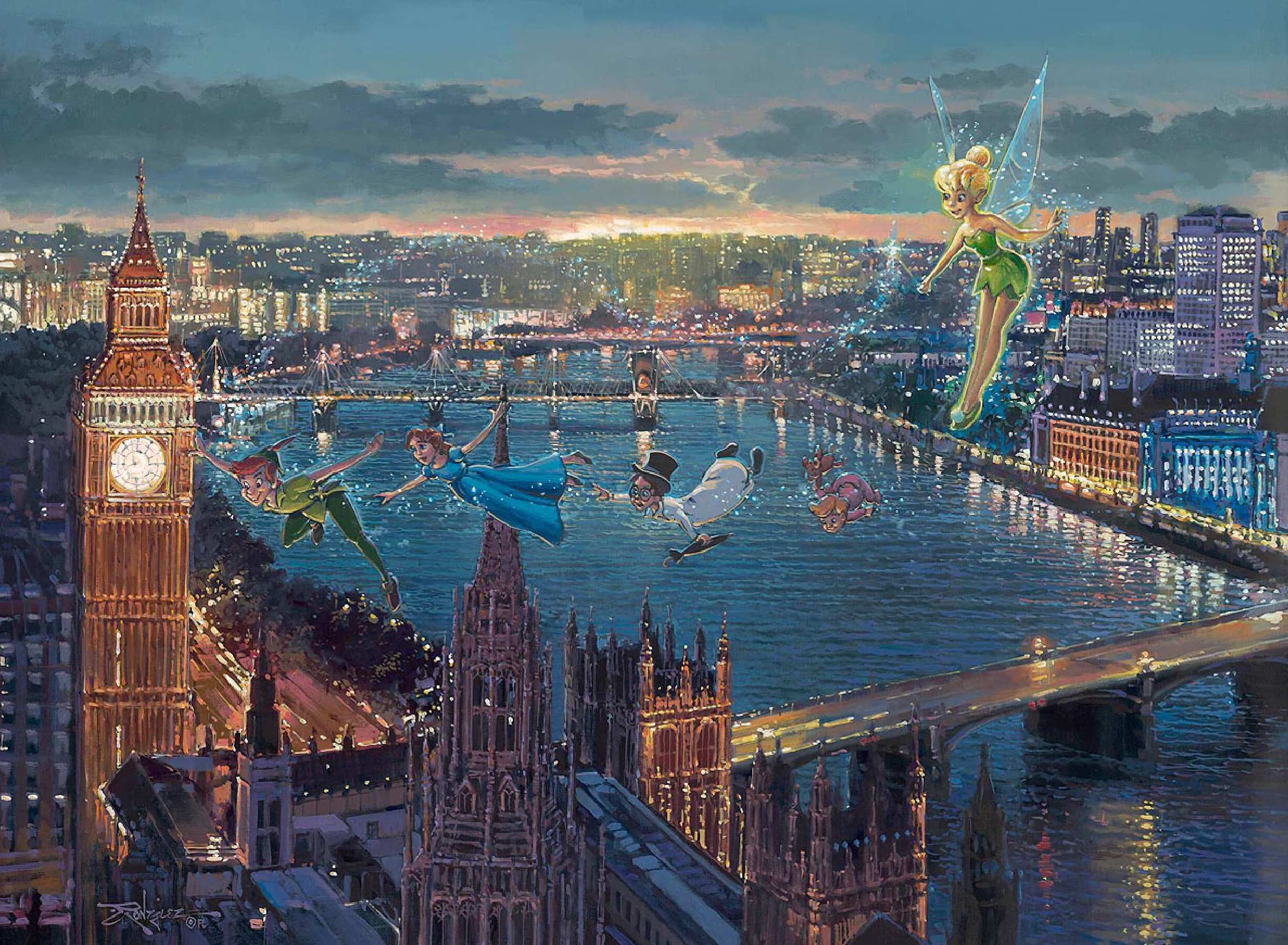 Peter Pan, Wendy, Tinker Bell, and the children as they soar over the rooftops of London 
